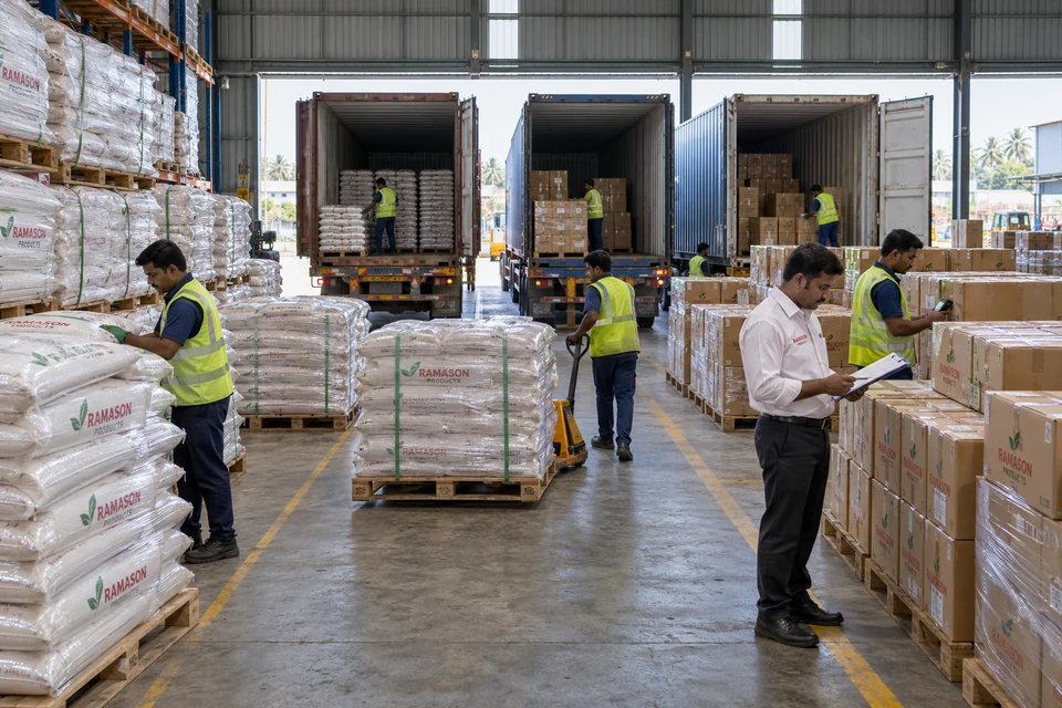 Illustrative export warehouse scene with rice bags, packed cartons and open containers