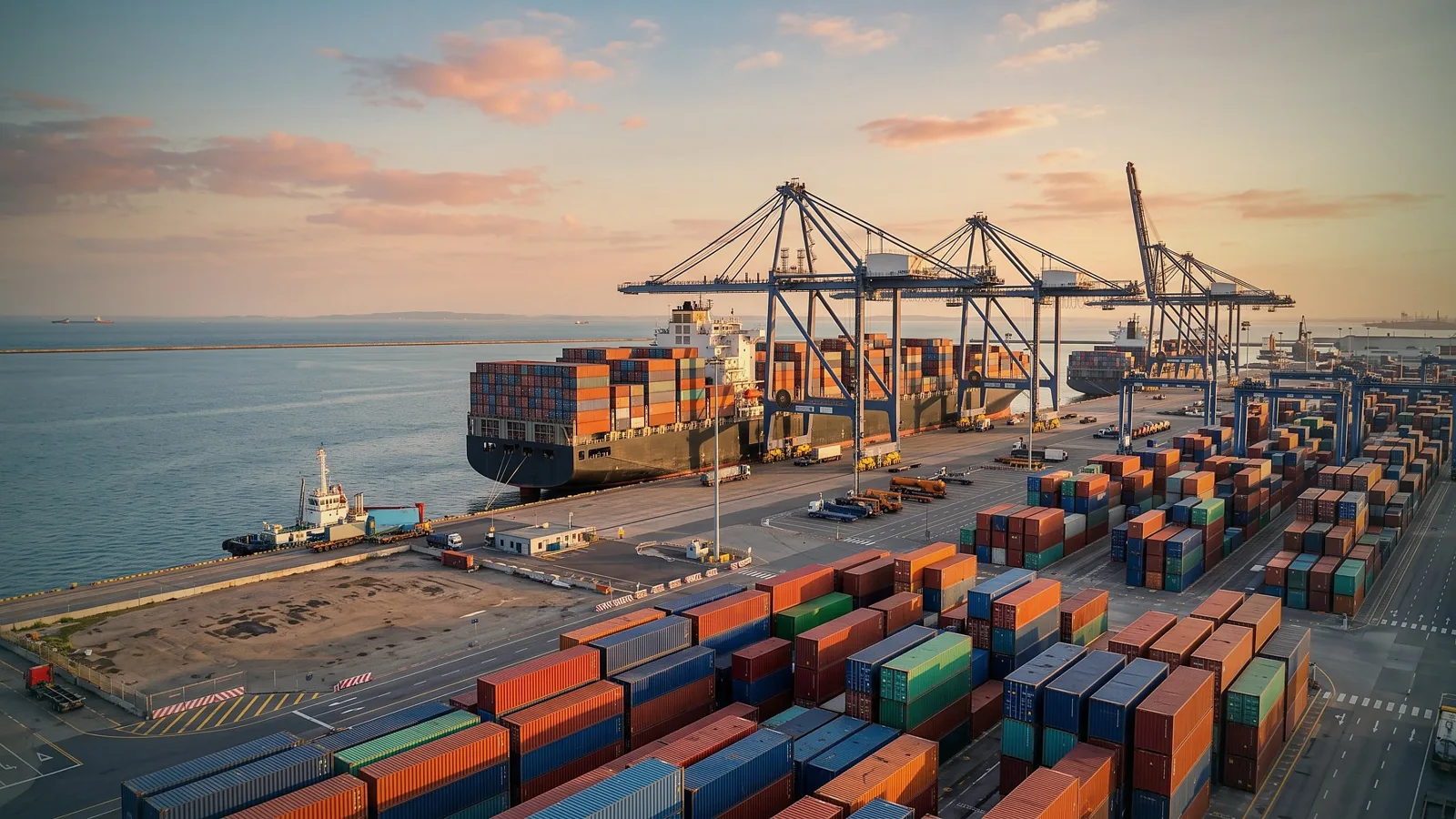 Container terminal at night, cranes and a berthed vessel